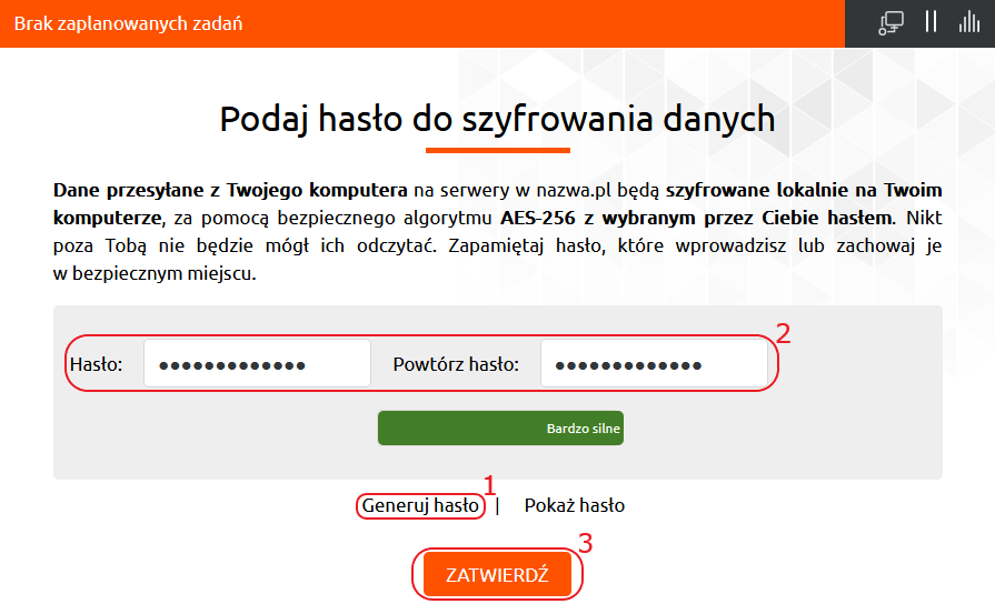 cloud backup aktywacja uslugi podaj haslo szyfrowania