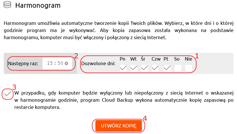 cloud backup dodaj kopie harmonogram