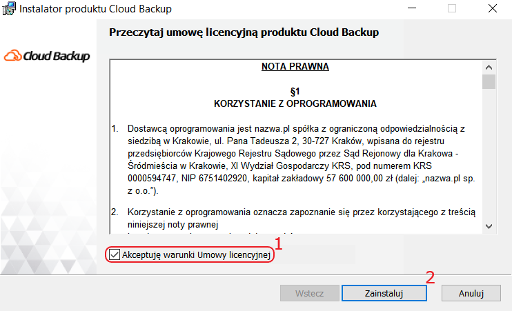 cloud backup instalator umowa licencyjna zainstaluj