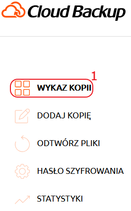 cloud backup menu wykaz kopii