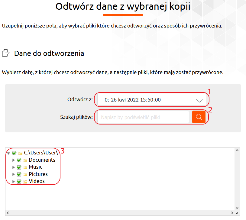 cloud backup odtwarzanie wybierz pliki