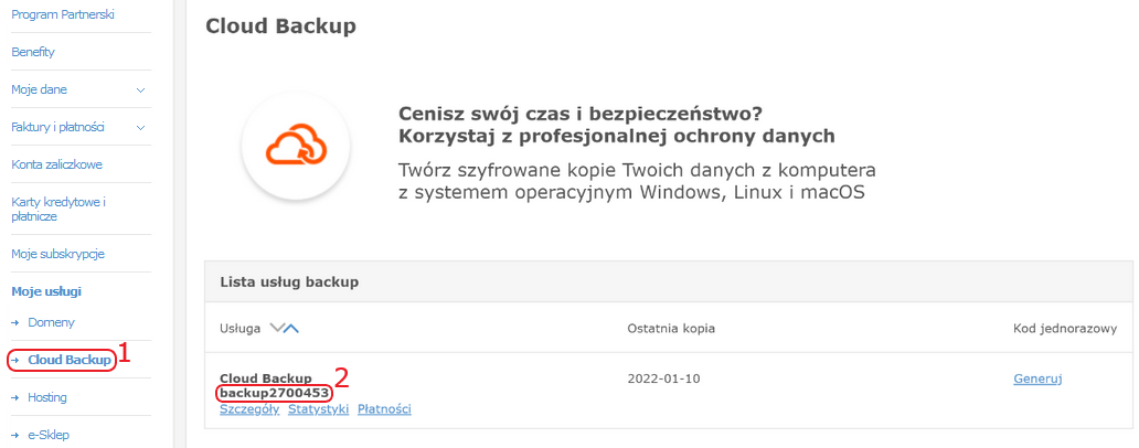 cloud backup pk identyfikator uslugi