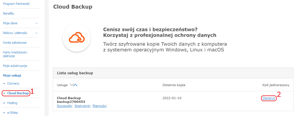 cloud backup pk kod jednorazowy