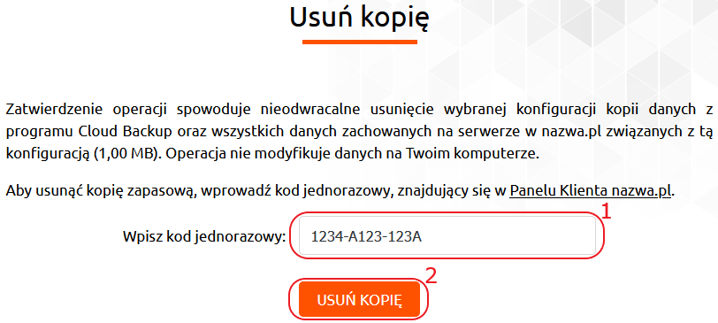 cloud backup usun kopie kod jednorazowy