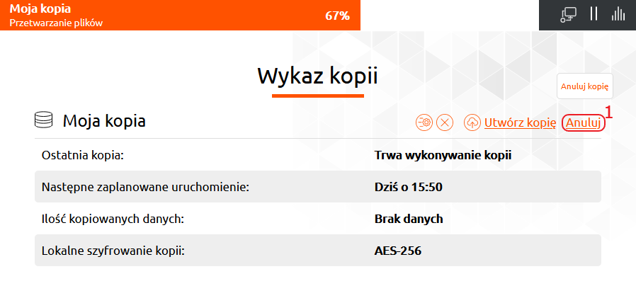 cloud backup wykaz kopii anuluj