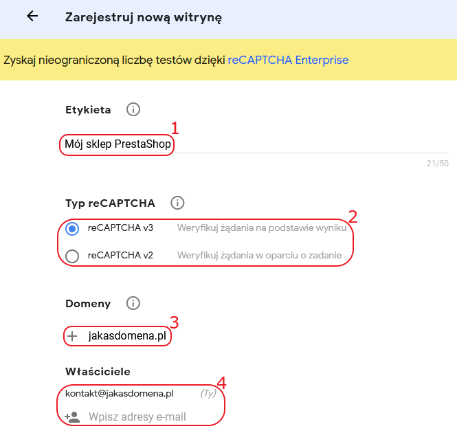 recaptcha google konfiguracja formularz 1 presta