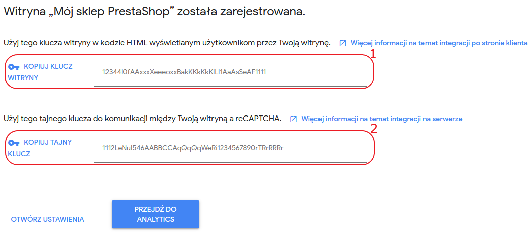 recaptcha google konfiguracja formularz klucze presta