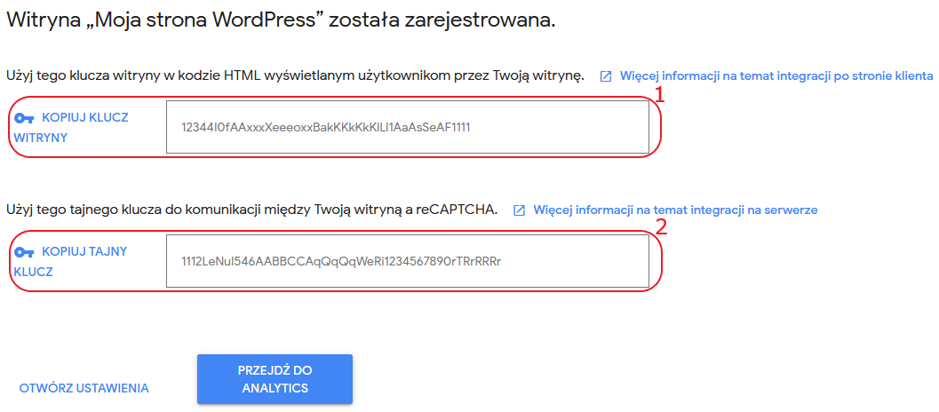 recaptcha google konfiguracja formularz klucze wordpress