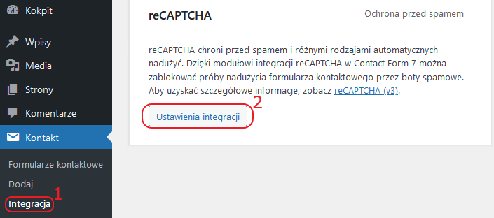 recaptcha wordpress ustawienia integracji