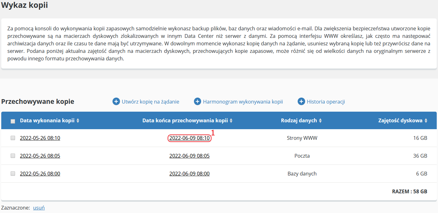 backup wykaz kopii data konca kliknij
