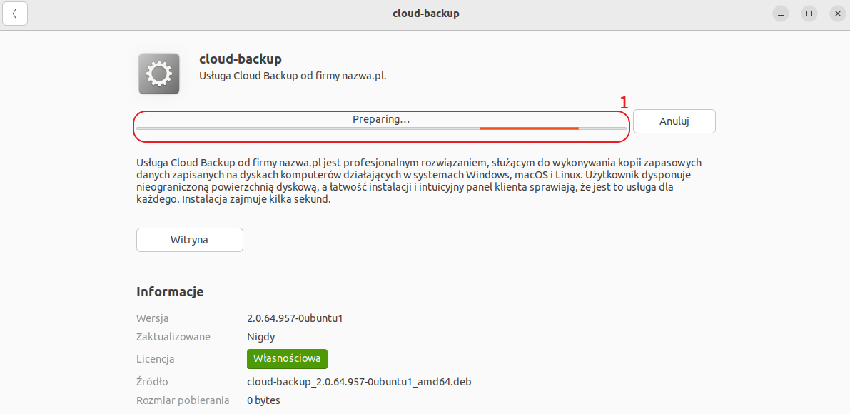 cloud backup linux instalacja krok2 postep