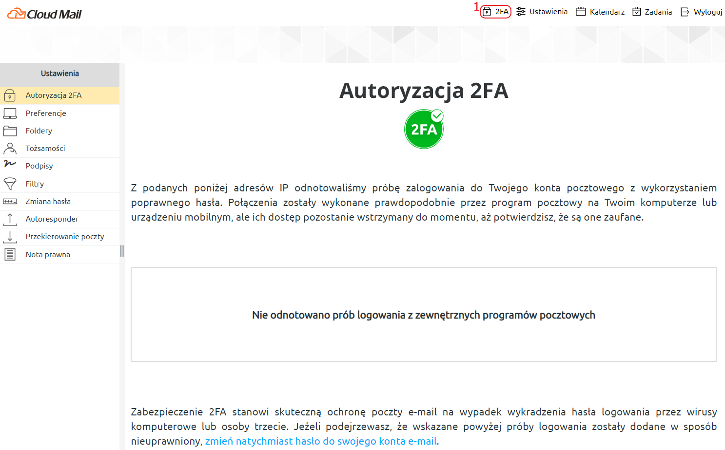 autoryzacja 2fa cloud mail wylaczone 2fa