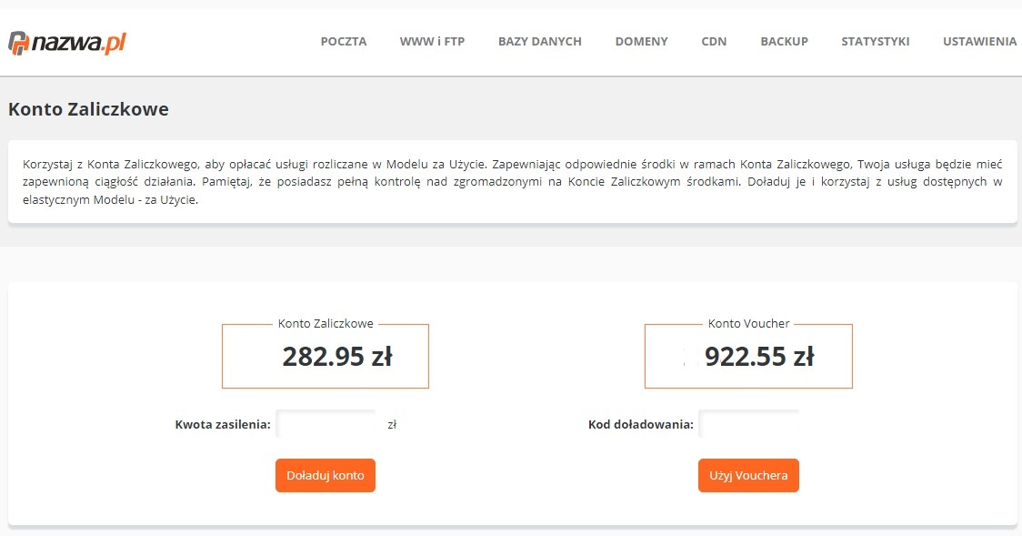 cloudhosting panel konto zaliczkowe stan srodkow