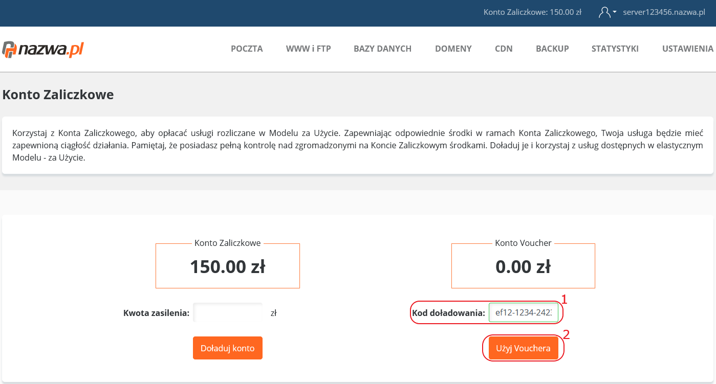 cloudhosting panel konto zaliczkowe doladowanie konto voucher