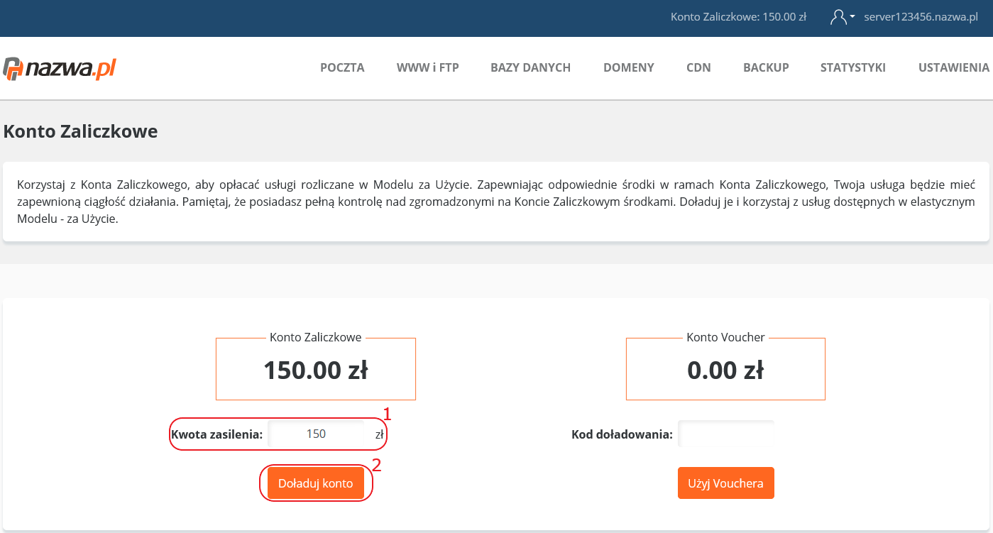 cloudhosting panel konto zaliczkowe doladowanie zaliczkowe