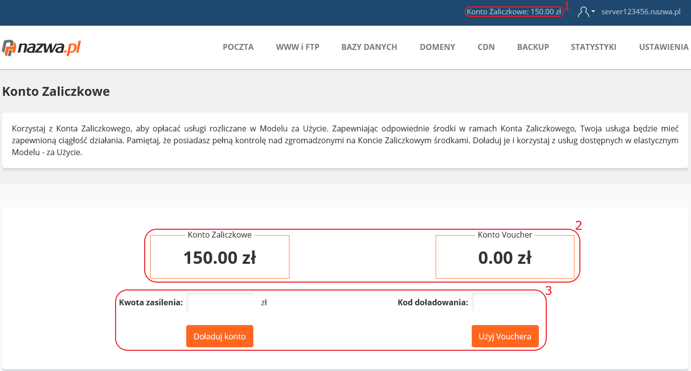 cloudhosting panel konto zaliczkowe salda uzupelnienie