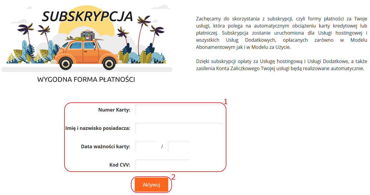 cloudhosting panel konto zaliczkowe subskrypcja formularz dodania karty