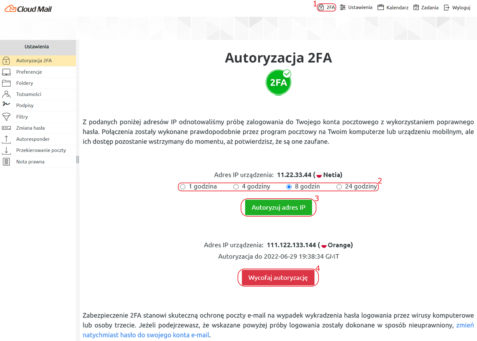 cloud mail autoryzacja 2fa autoryzowane urzadzenia