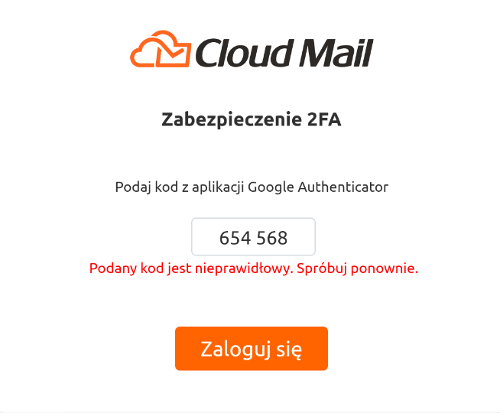 cloud mail logowanie krok4 2fa wlaczone ga nieprawidlowy kod