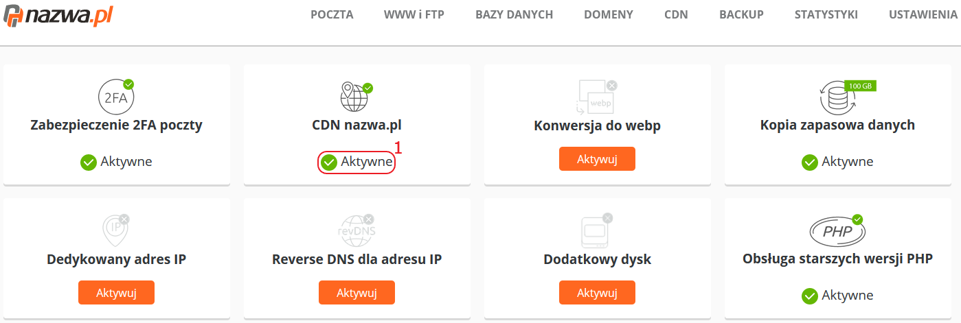 CloudHosting Panel nazwa.pl uslugi dodatkowe cdn nazwapl aktywne