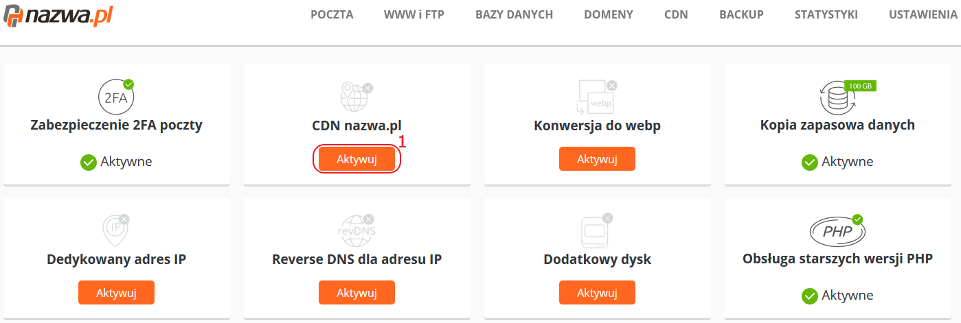 cloudhosting panel uslugi dodatkowe sg cdn nazwa.pl nieaktywne aktywuj