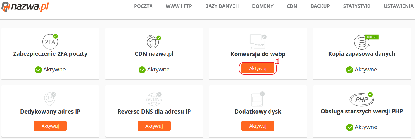 CloudHosting Panel nazwa.pl uslugi dodatkowe aktywuj webp
