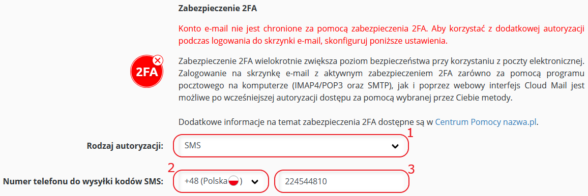 cloudhosting panel poczta zabezpieczenie 2fa wlaczenie sms