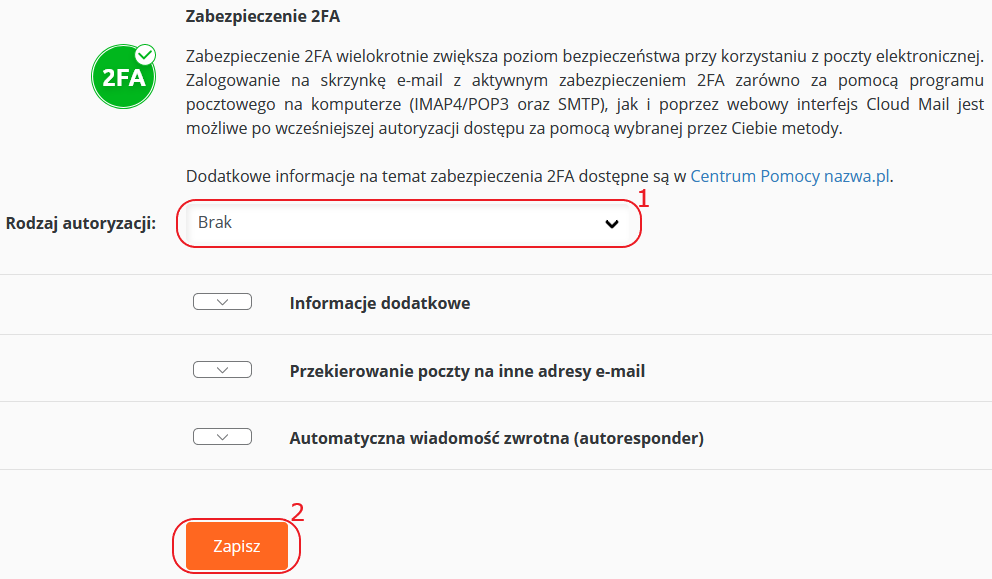 cloudhosting panel poczta zabezpieczenie 2fa wylaczenie