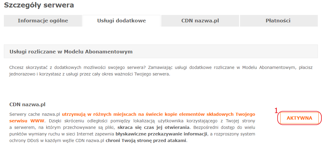 Panel Klienta hosting szczegoly uslugi dodatkowe cdn nazwapl aktywne