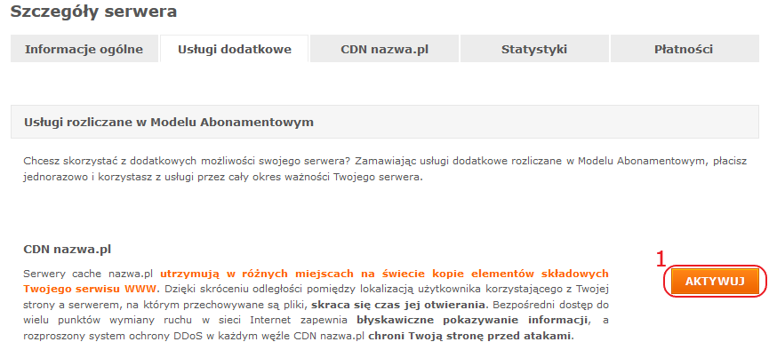 panel klienta hosting szczegoly uslugi dodatkowe cdn nazwa.pl aktywuj