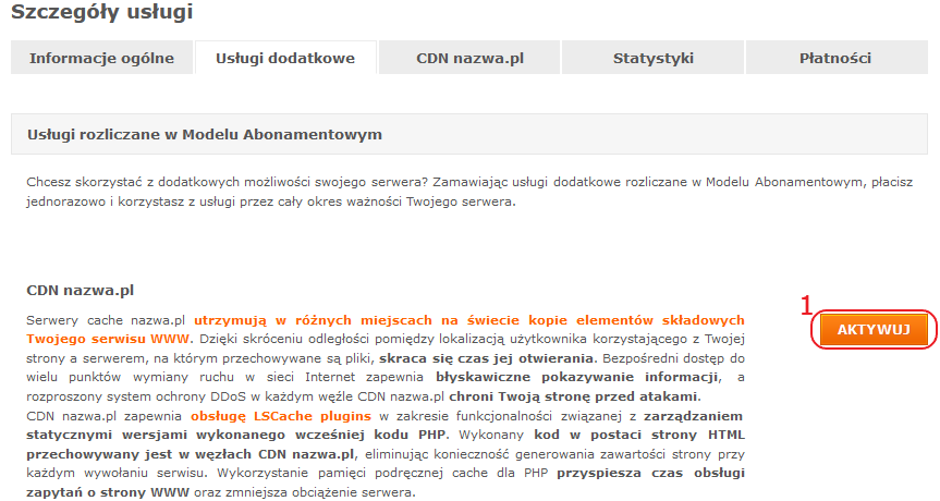 panel klienta hosting szczegoly uslugi dodatkowe cdn nazwa.pl aktywuj