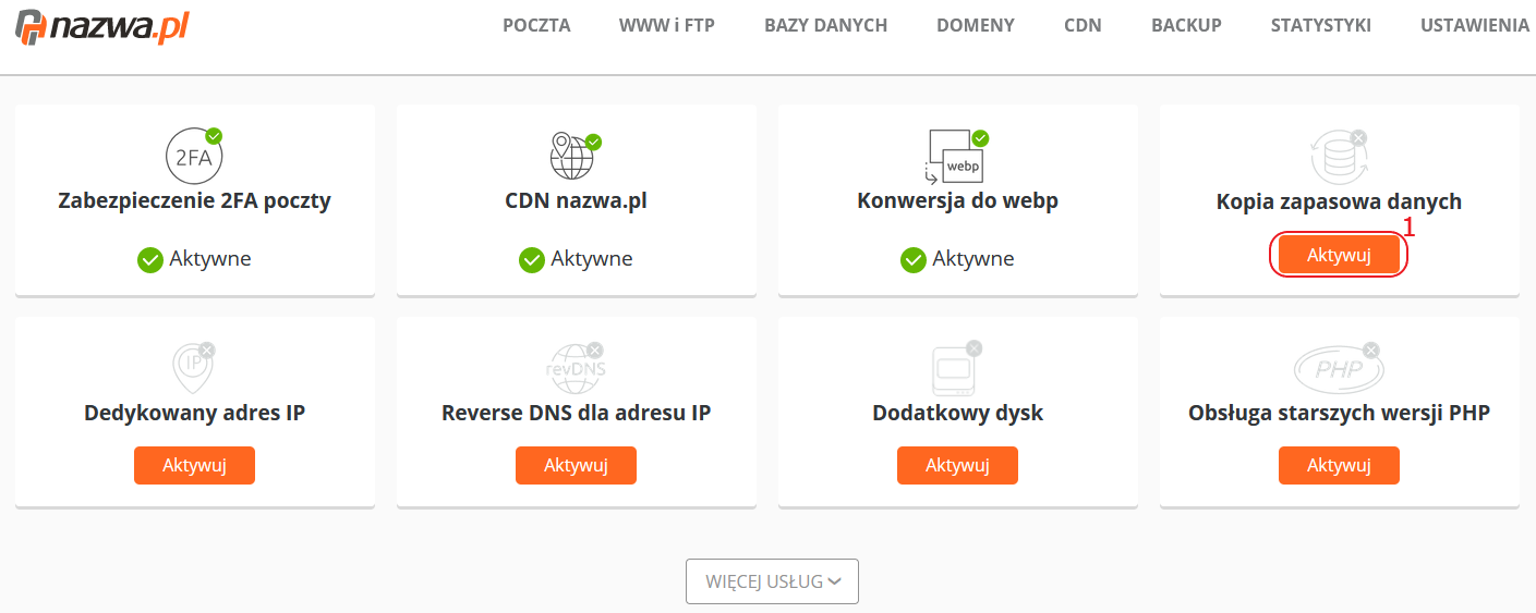 backup aktywacja uslugi kliknij