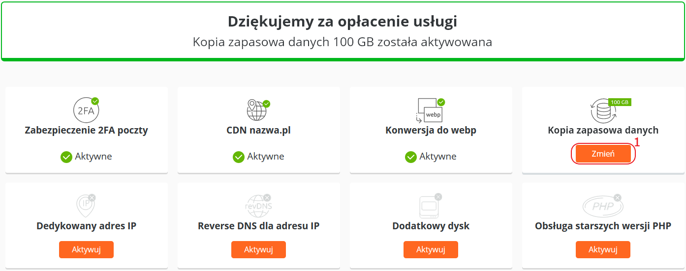 backup aktywacja uslugi potwierdzenie 100 GB zmien