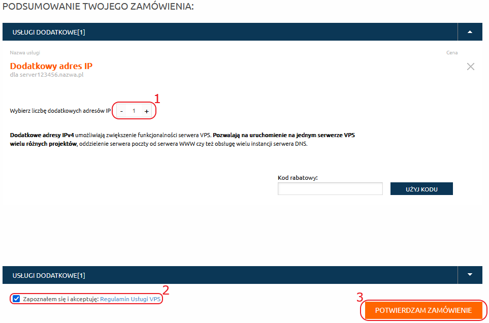 vps uslugi dodatkowe dodatkowy ip domowienie koszyk