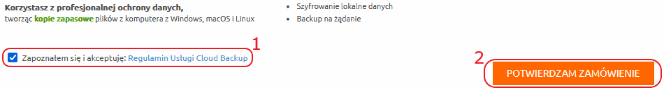 cloud backup koszyk abonamentowy potwierdzam zamowienie