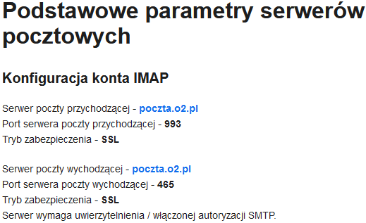 imap o2 parametry serwerow