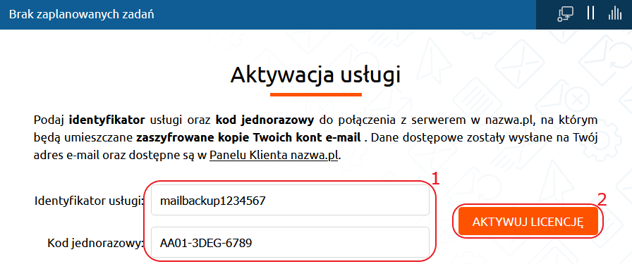 mail backup aktywacja wpisane dane