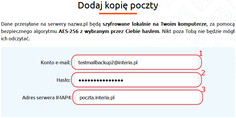 mail backup dodaj kopie dane konta szczegolowe