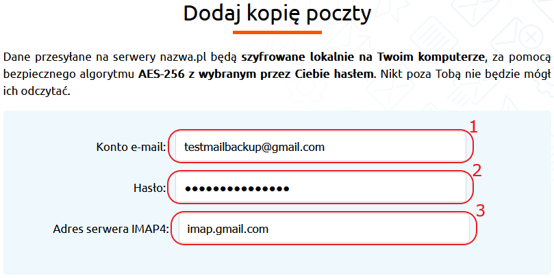 mail backup dodaj kopie gmail dane konta