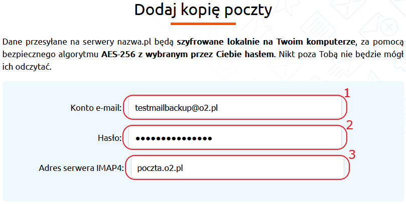 mail backup dodaj kopie o2 dane konta