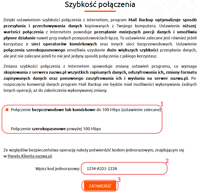 mail backup szybkosc polaczenia