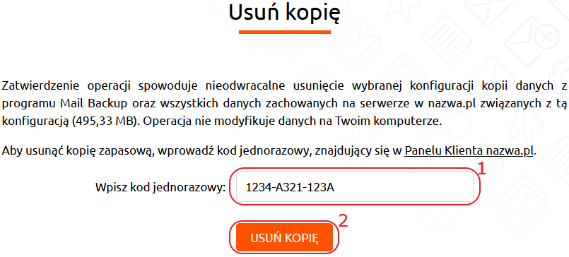 mail backup usun kopie kod jednorazowy