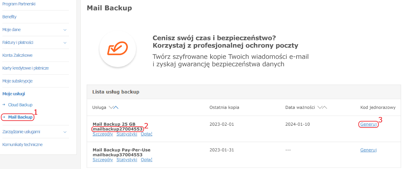 panel klienta moje uslugi mail backup identyfikator kod