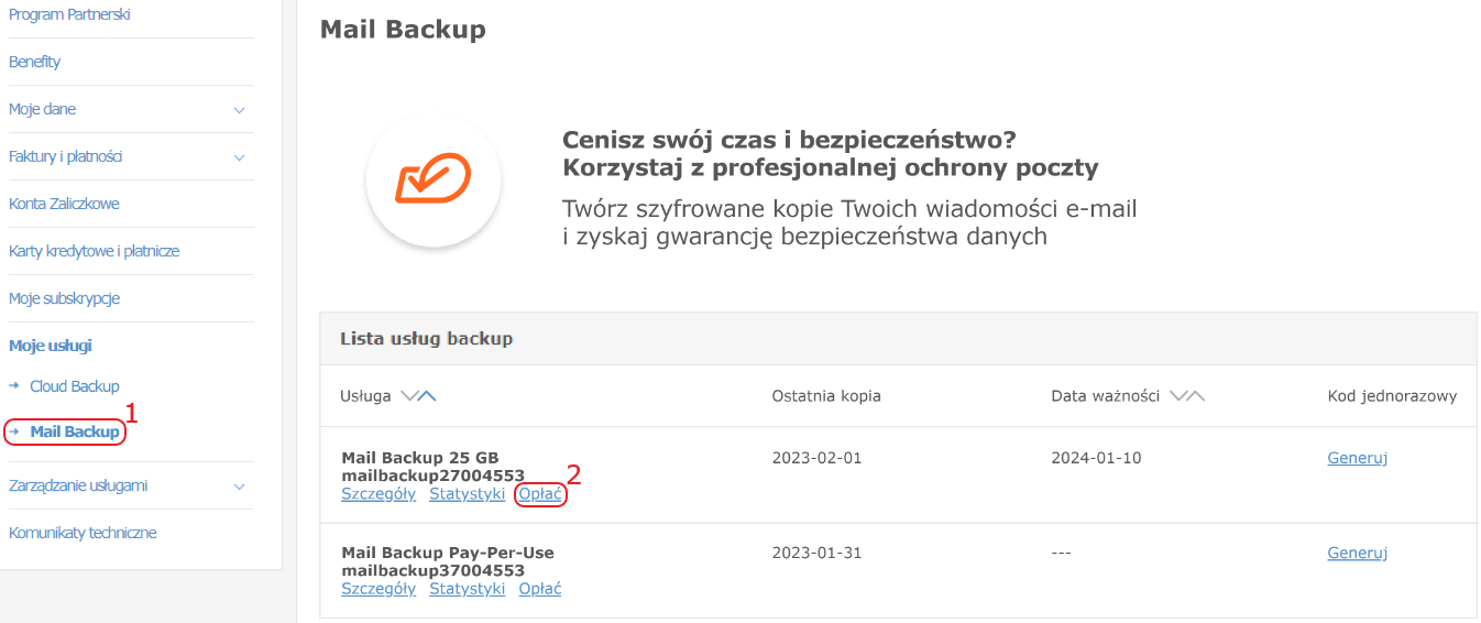 panel klienta moje uslugi mail backup oplac abonament