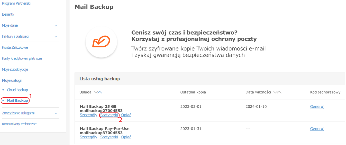 panel klienta moje uslugi mail backup statystyki