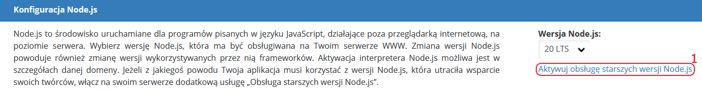 CloudHosting Panel www i ftp aktywuj starsza wersje node.js