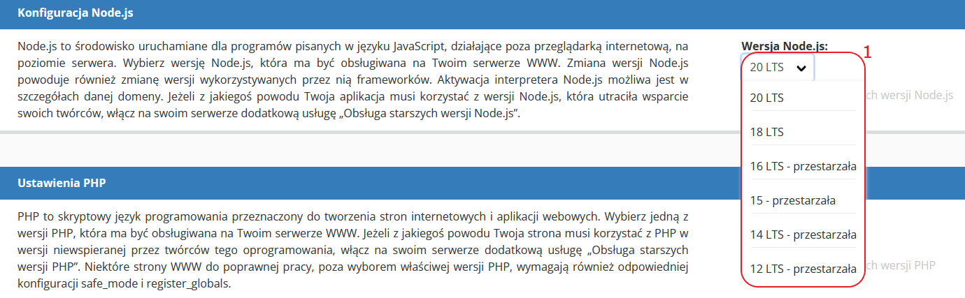 CloudHosting Panel www i ftp wybierz starsza wersje node.js